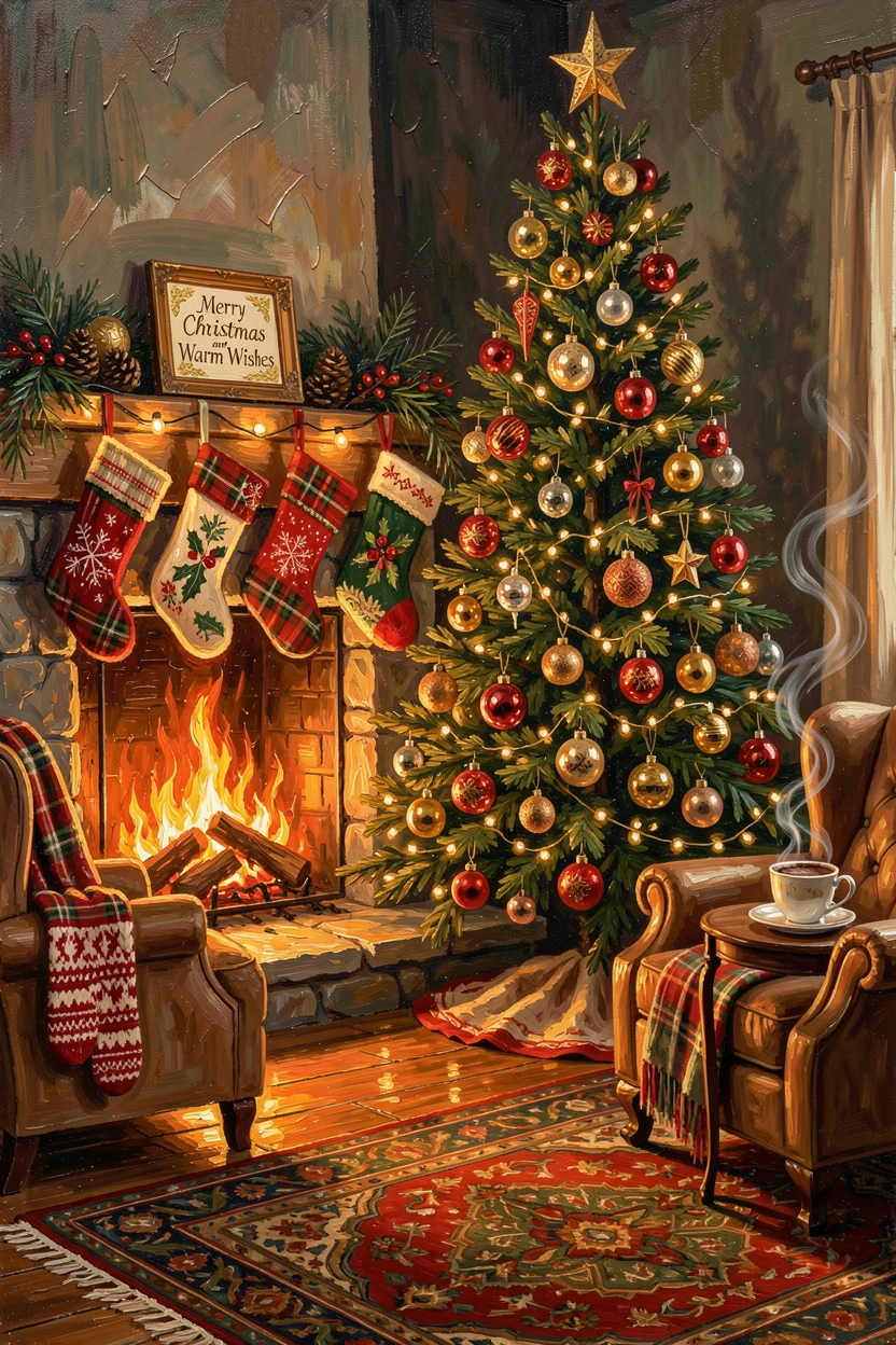 A cozy living room glows warmly on Christmas Eve, a decorated tree twinkling beside stockings hung on a crackling fireplace mantel, small traditional details in costume and decoration rewarding a closer look.