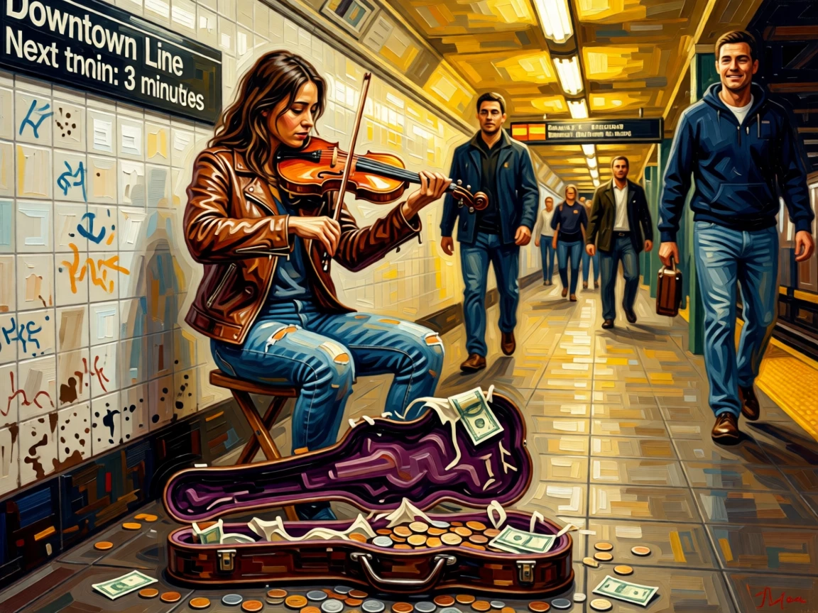 A young violinist busking in a subway station, case open and scattered with coins