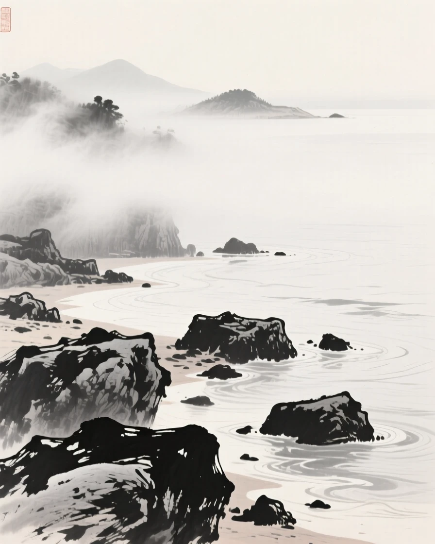 Fog rolls in over a rocky shoreline dotted with weathered boulders, with distant islands rising faintly from the sea.