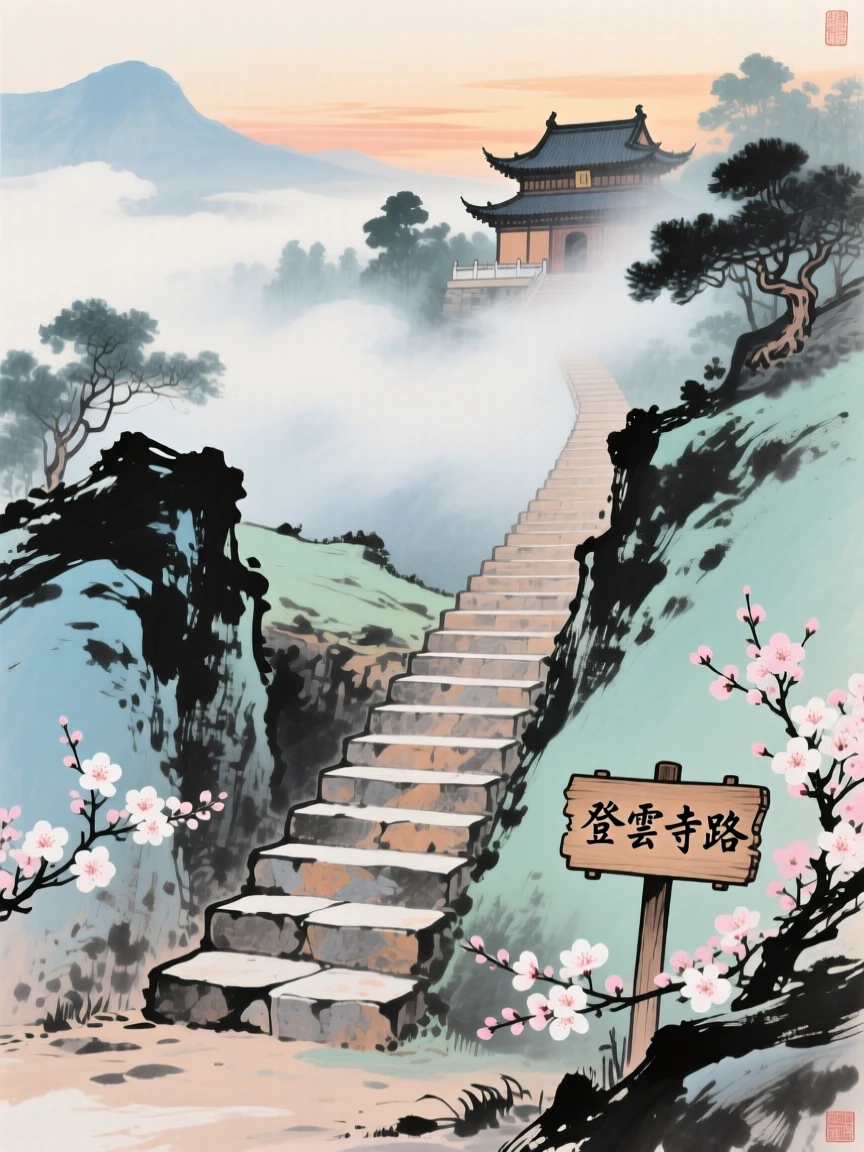 A stone staircase climbing toward a temple hidden in the clouds, through a light drifting mist, at dusk, as spring blossoms unfold.