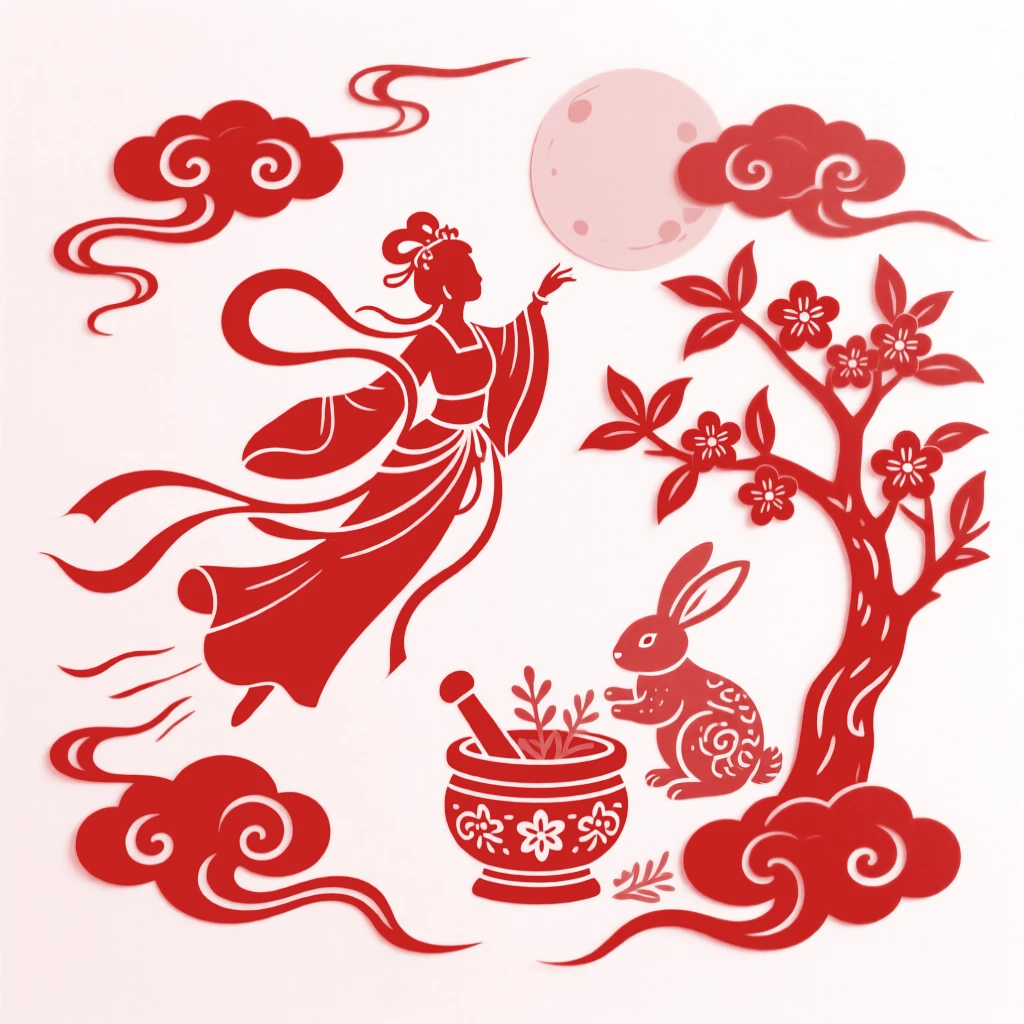 Chang'e drifting toward the moon palace with her sleeves trailing like ribbons, a jade rabbit pounding herbs beside an osmanthus tree, clouds curling around her ascending figure