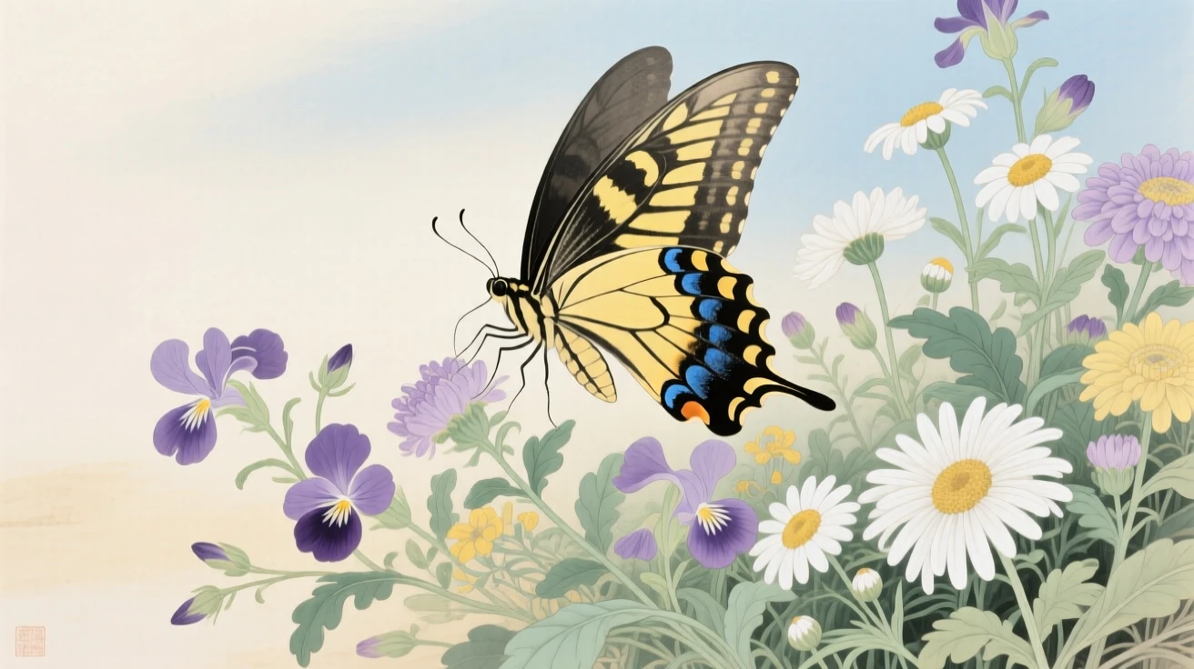 A swallowtail butterfly among a cluster of wildflowers at midday