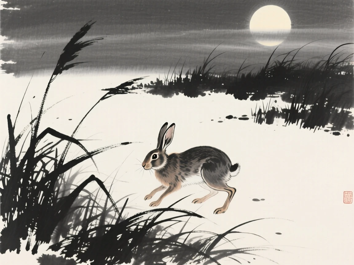 A hare walking through tall grass at dusk in a moonlit clearing, seen from a respectful distance within its natural surroundings, evoking the gentle rhythm of the natural world.