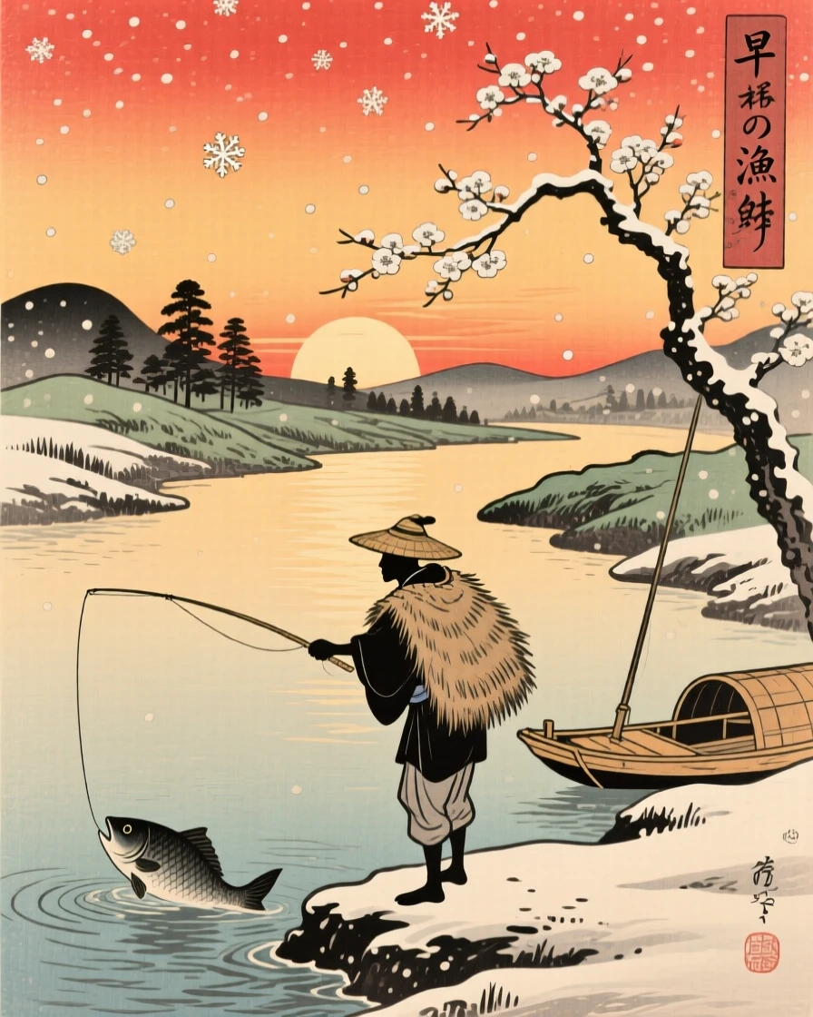 A fisherman silhouetted against a brilliant sunrise, beneath a canopy of drifting flakes.