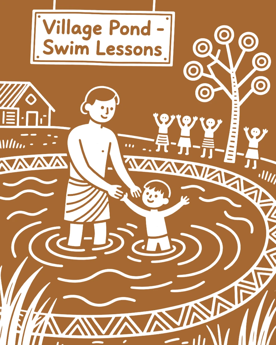 A father teaching his son to swim in the village pond.