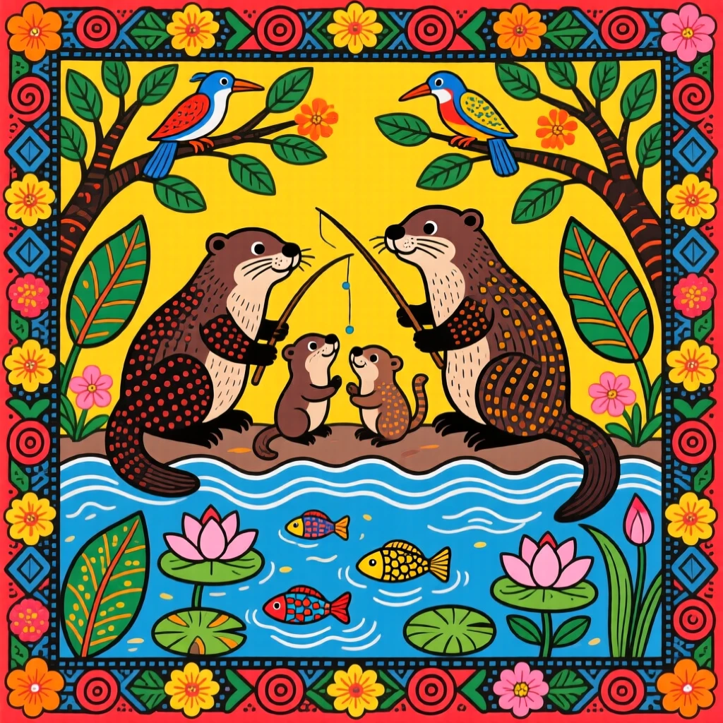 A river otter family fishing together in a clear mountain stream.