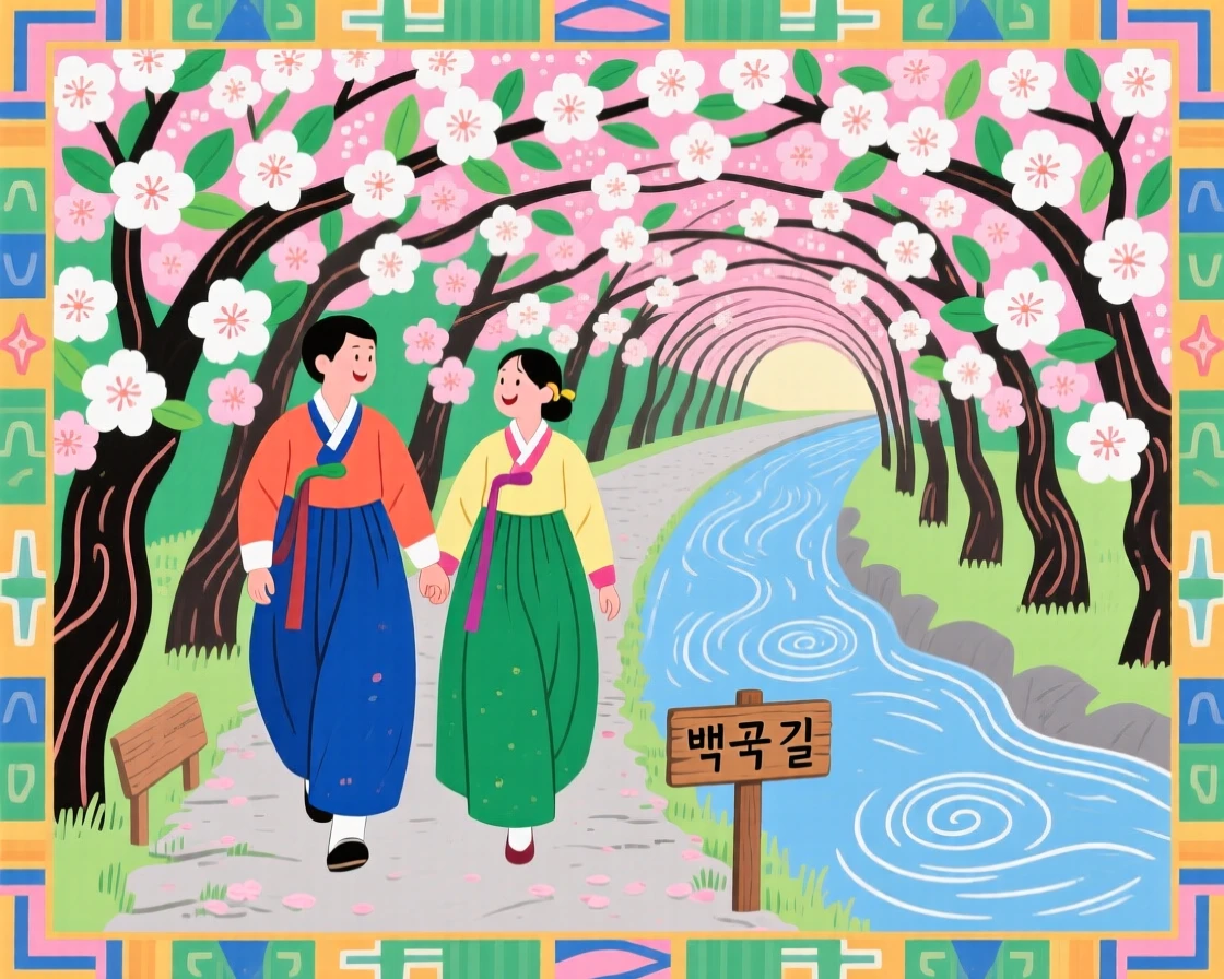 A young couple walking through a tunnel of cherry blossoms beside a gently flowing river.