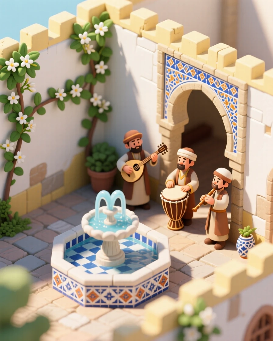 A medieval Andalusian courtyard with a tiled fountain, jasmine climbing the walls, and musicians playing beneath an archway.