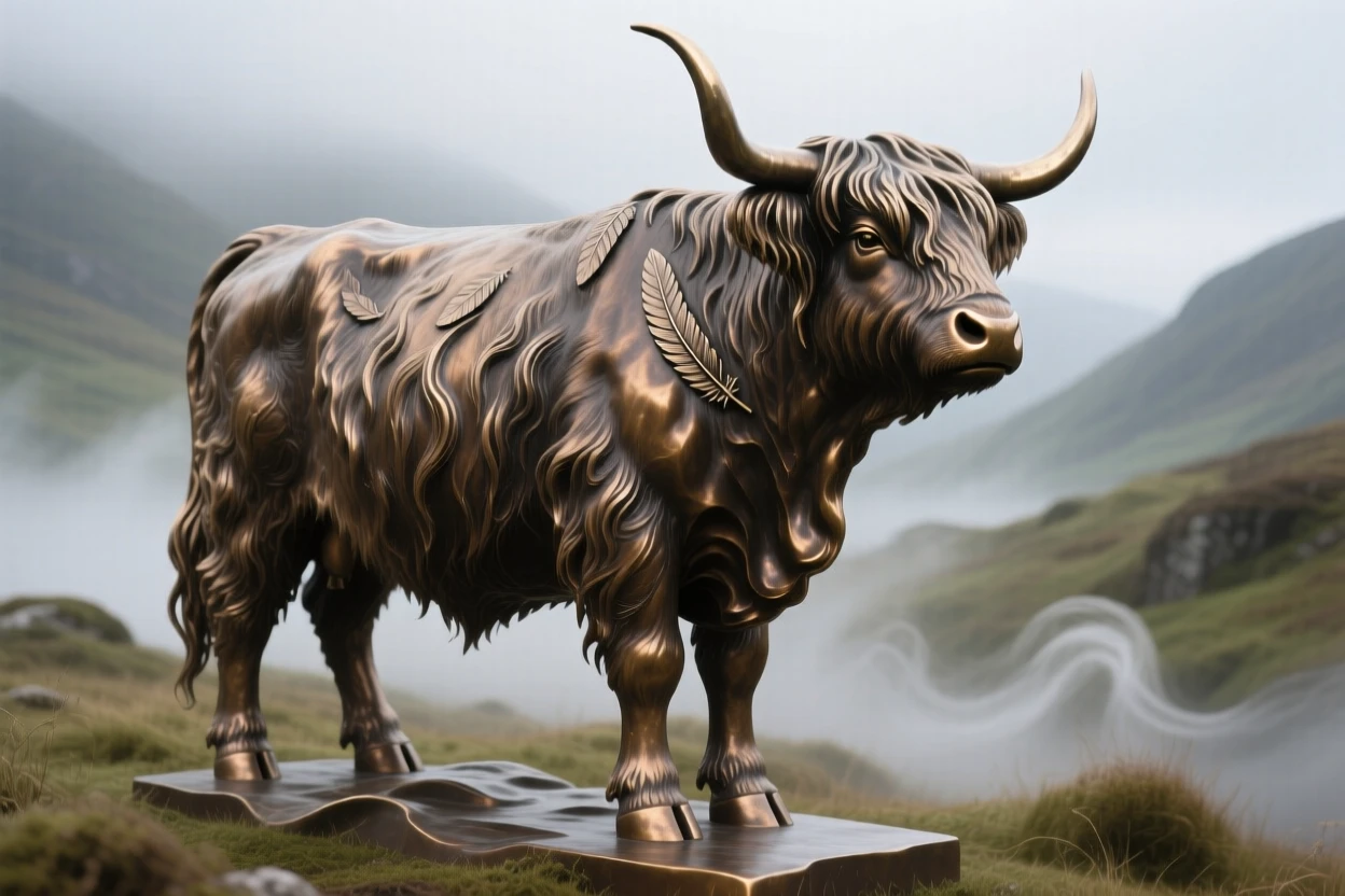 A majestic highland cow standing in a misty glen, with fine, lifelike detail in fur and feather, evoking wonder and majesty