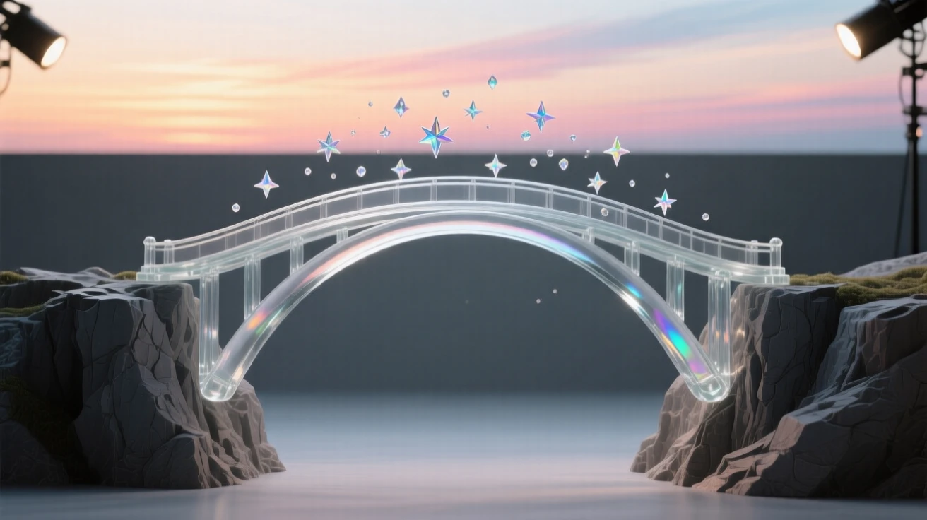 A bridge arching between two cliffs across an open void beneath a horizon glowing with the first light of dawn, while small particles drift upward like scattered stars