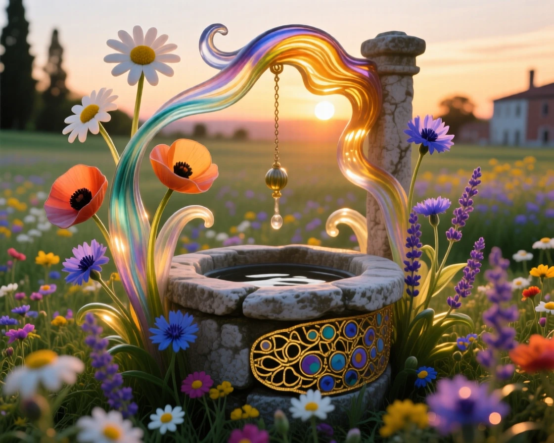 A field of blooming wildflowers surrounding an ancient stone well at the very last light of sunset, idyllic and warm.