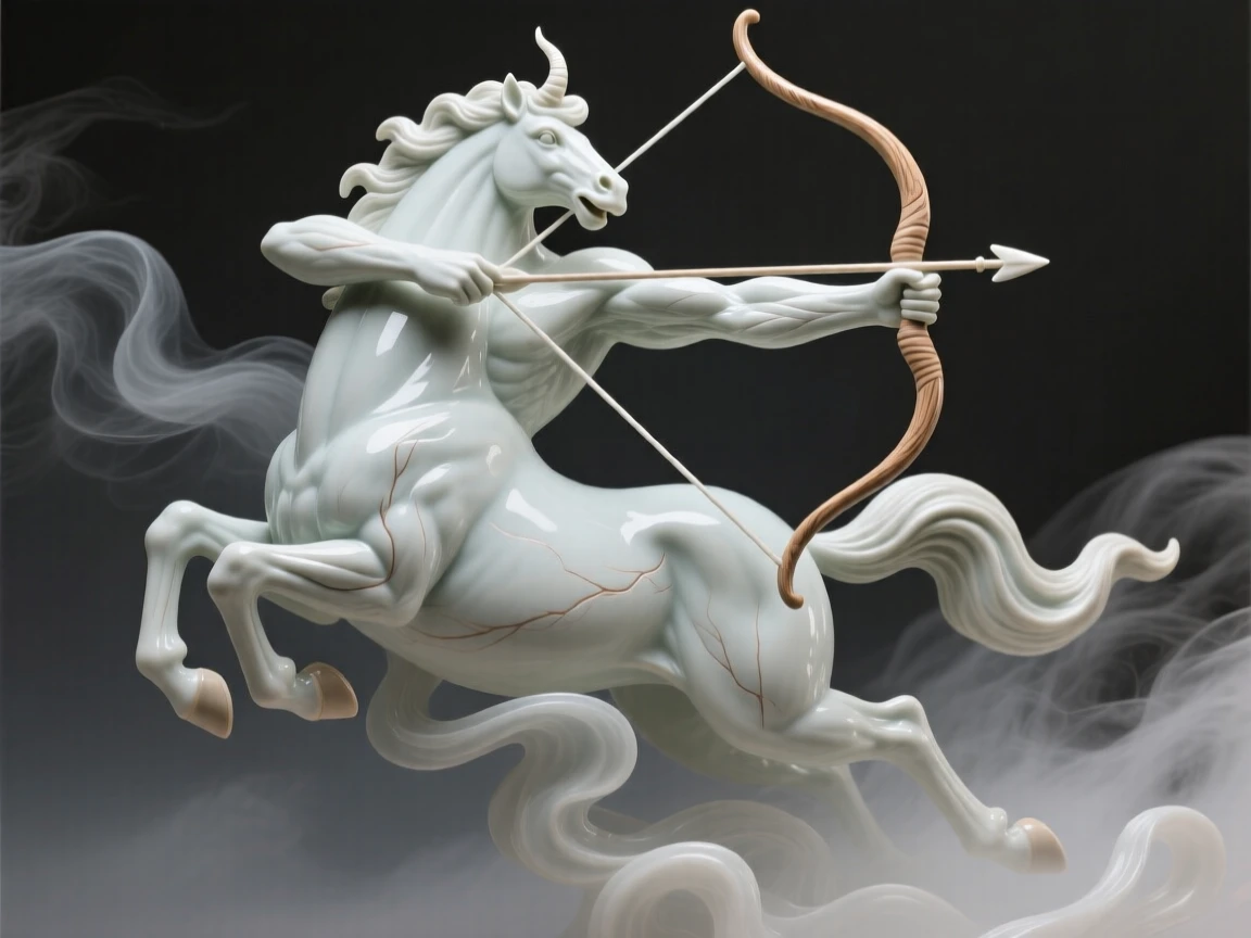 A centaur drawing back a bow caught in a graceful, weightless leap, wrapped in wisps of enchanted mist, radiating noble power tempered with gentleness.