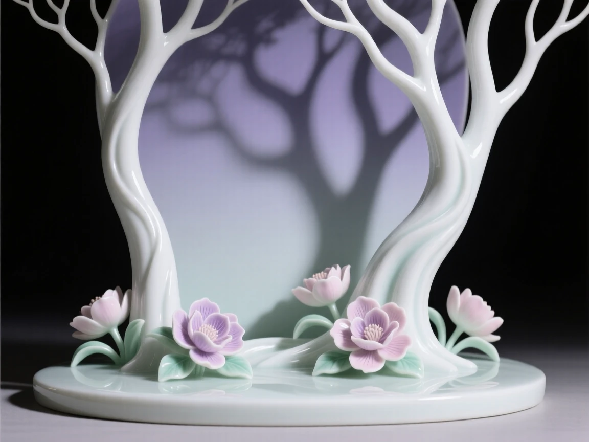A surreal composition where shadows cast by trees bloom into flowers on the ground, lit with the soft glow of an eternal twilight.