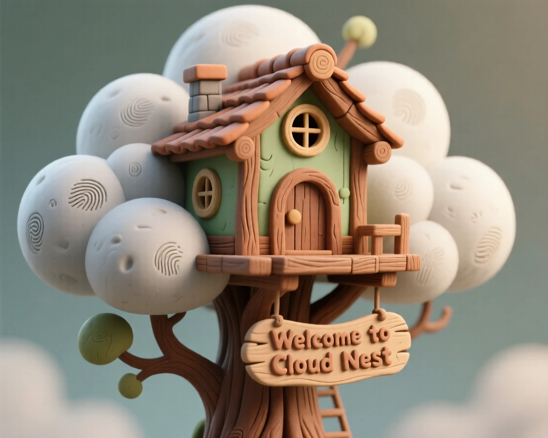A treehouse growing directly from a floating cloud