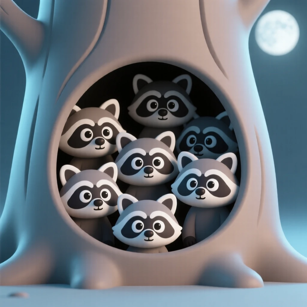 A curious raccoon family peeks out from a hollow tree, moonlight glinting off six pairs of curious eyes.