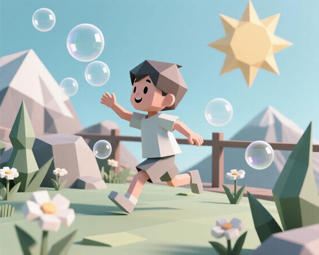 A child chasing bubbles in a sunny garden, atop a mountain overlook. fine details in expression bring the moment to life. It captures a feeling of quiet triumph.