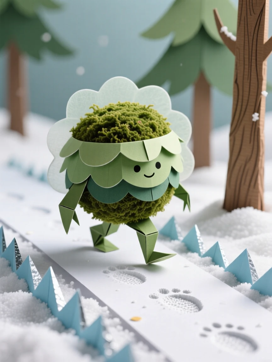 A tiny round moss spirit waddling across a snowy path, with a soft warm glow surrounding it, evoking whimsical charm and gentle humor.