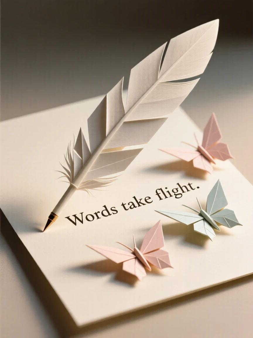 A single feather quill writing words that turn into real butterflies as they're written.