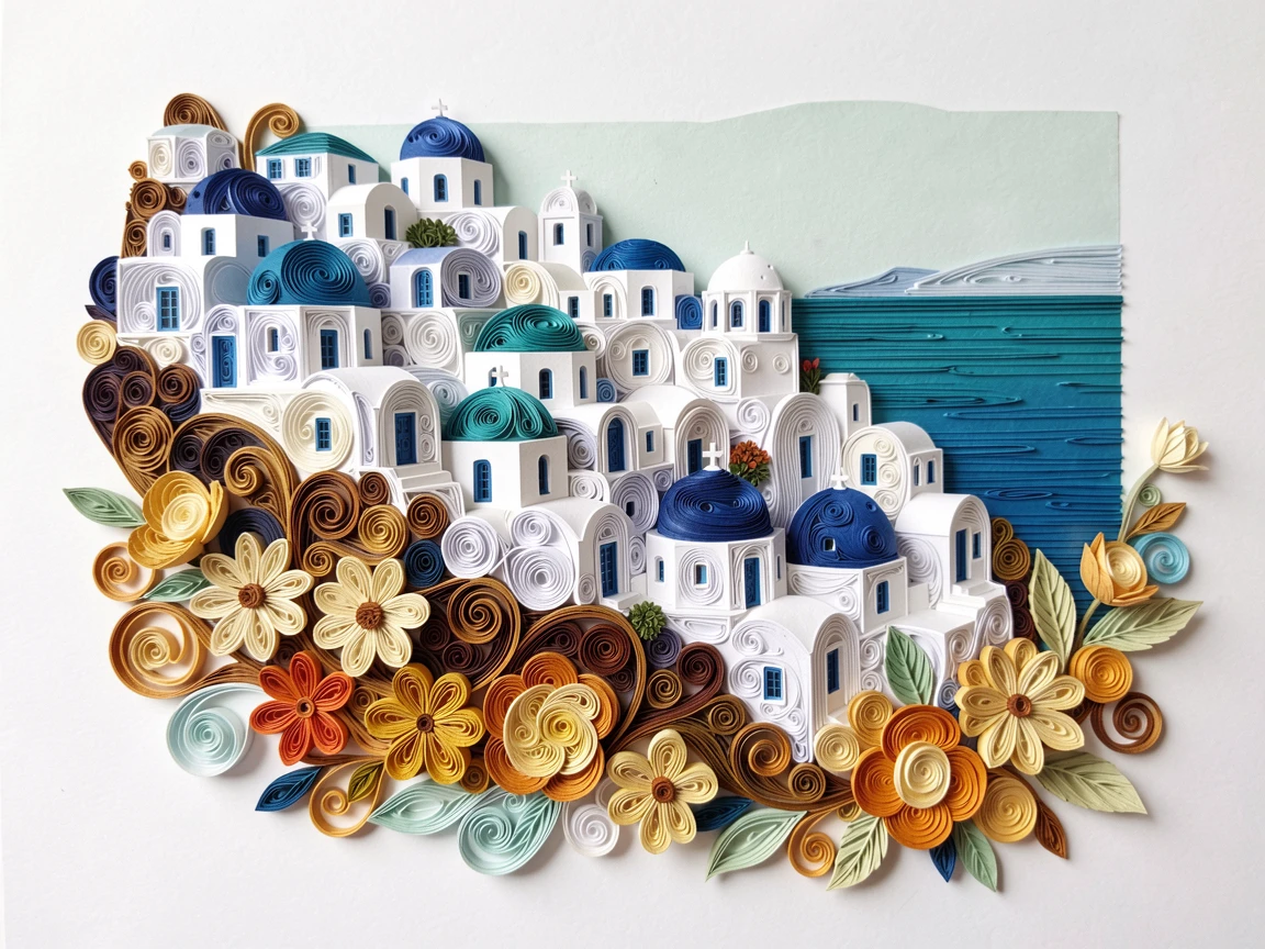A breathtaking view of Santorini's white and blue buildings cascading down a cliff framed by blooming seasonal flowers in the foreground, in a rich palette of blue, teal, and gold, captured with warm foreground details leading to the horizon.