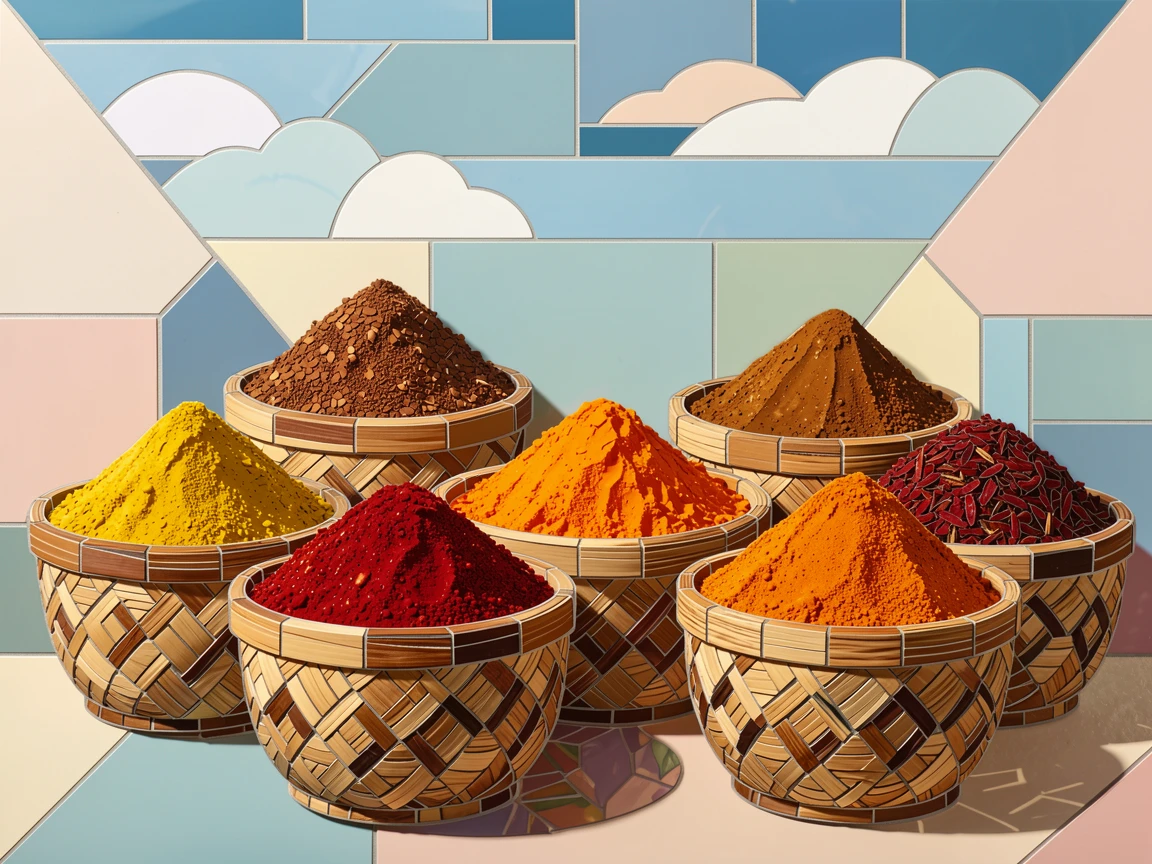 A colorful array of market spices piled high in woven baskets.