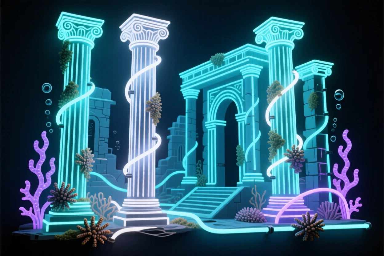 A sunken city with ancient columns covered in barnacles.