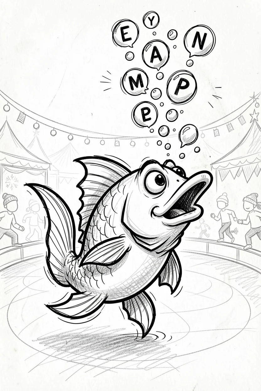 A fish blowing bubbles that spell out a message on an ice rink at a winter festival.