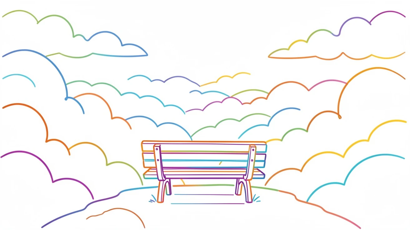 A quiet mountain overlook with a wooden bench facing a sea of clouds.
