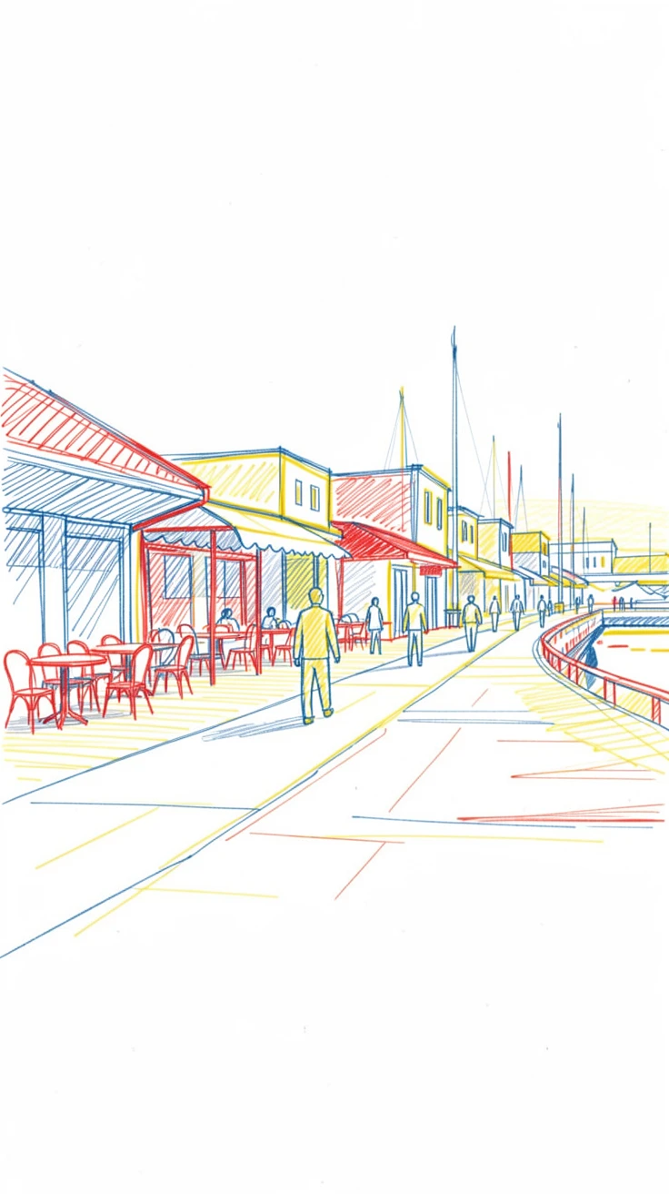 A busy harbor promenade lined with restaurants at golden hour