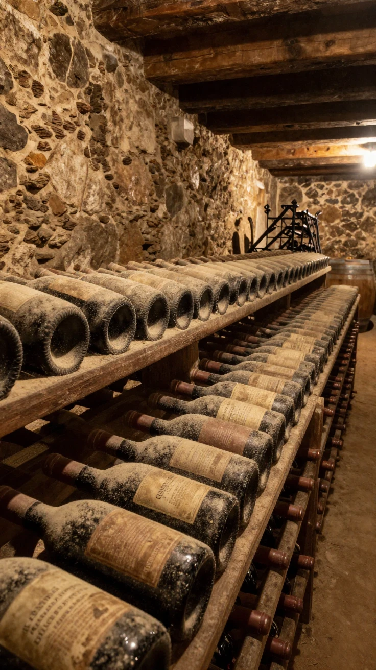 A wine cellar with rows of dusty aging bottles