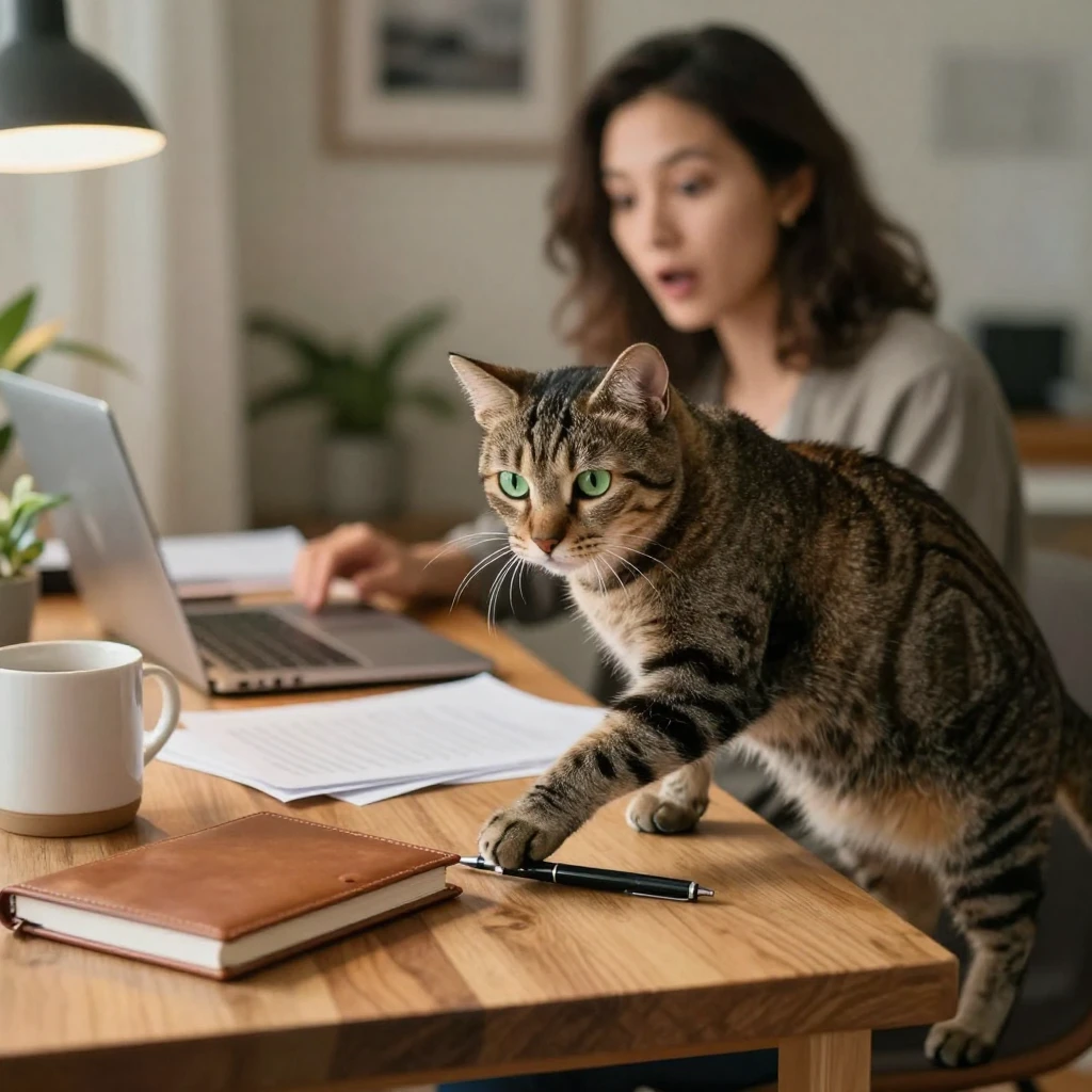A cat knocks a pen off a desk while staring directly at its owner.