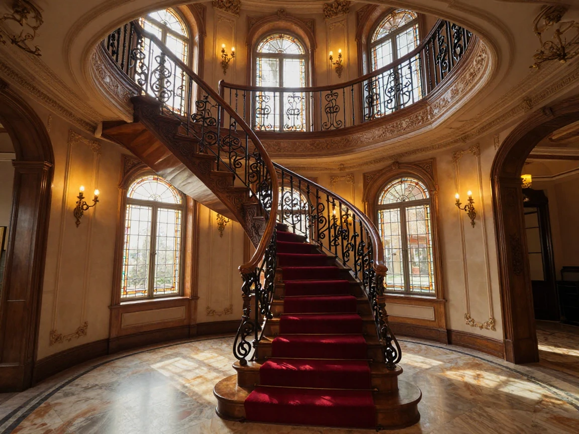 A grand spiral staircase winding through the center of a historic mansion