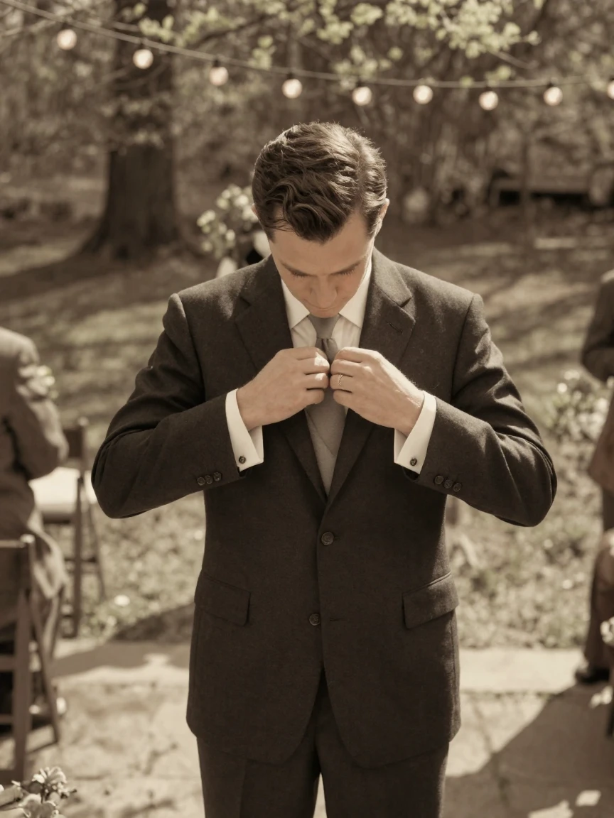 A groom straightening his jacket before an outdoor ceremony, under strings of warm string lights, as heat shimmers over the ground, in early spring, with a soft sepia-tinted glow, shot from directly overhead.