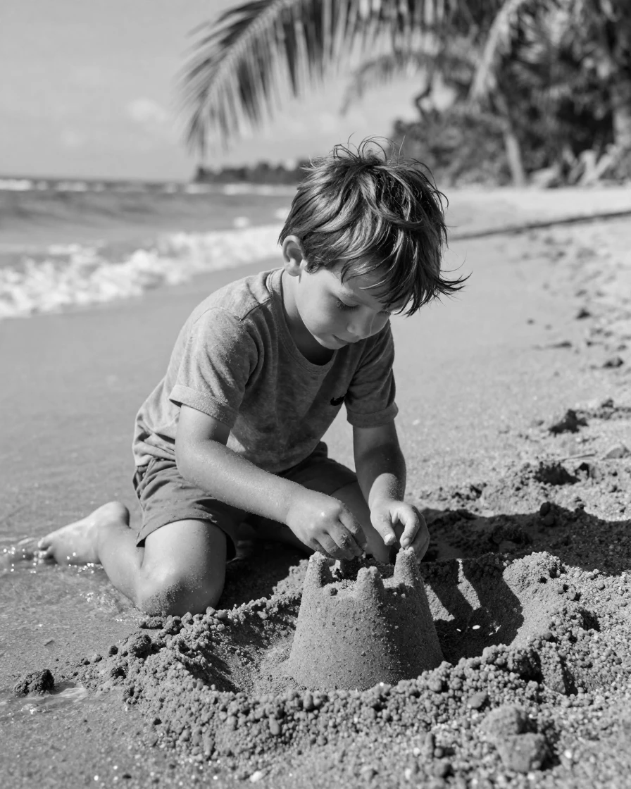 A little boy builds a sandcastle with careful hands along a sunlit tropical shoreline.