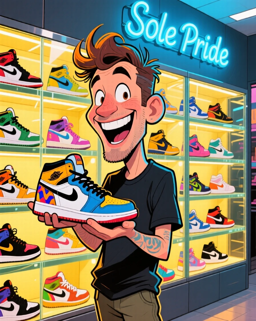 A man showing off a custom sneaker collection displayed on illuminated shelves.