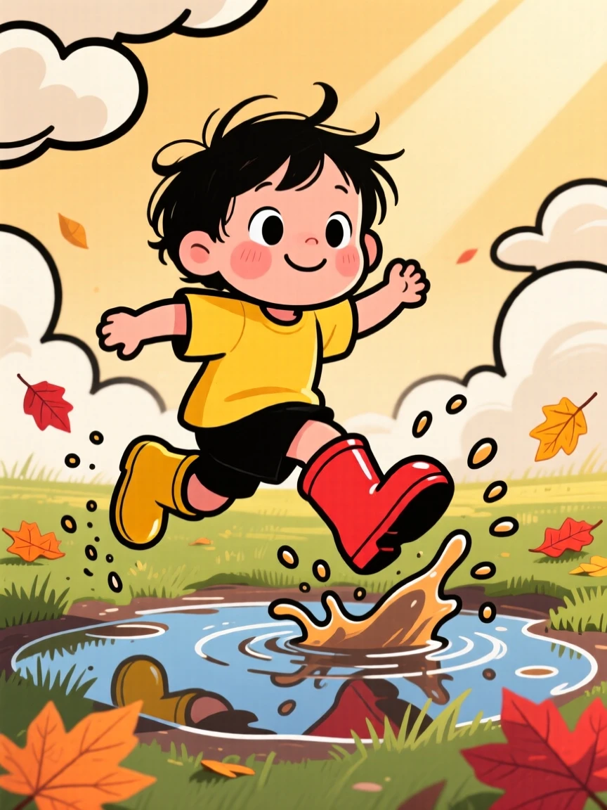 A playful childhood moment of a shy toddler jumping joyfully into a puddle in rain boots, as golden afternoon light glows warmly.