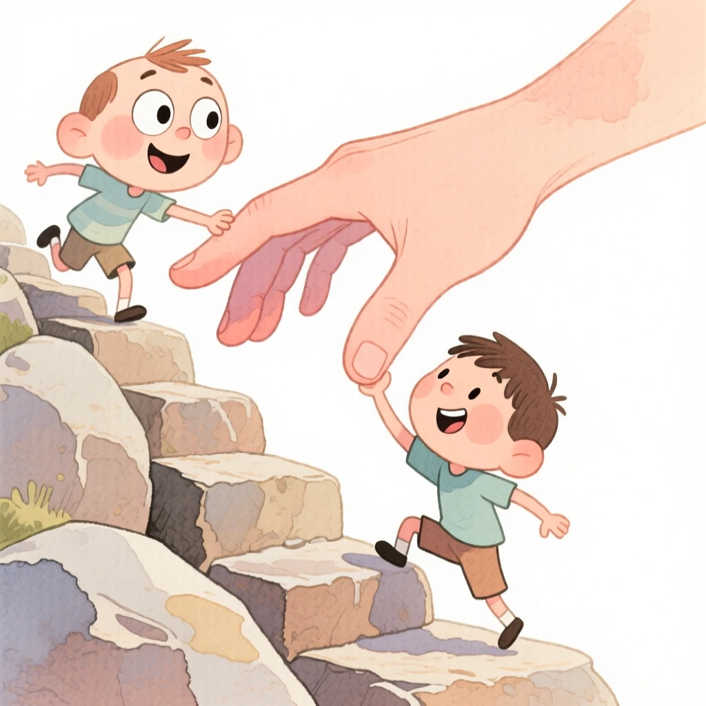 An uplifting, heartwarming moment of a hand reaching down to help someone climb up a rocky path
