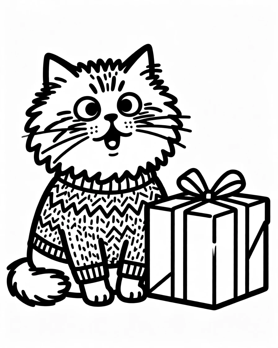 A persian cat wearing a knitted holiday sweater, sitting beside a wrapped present twice its size.