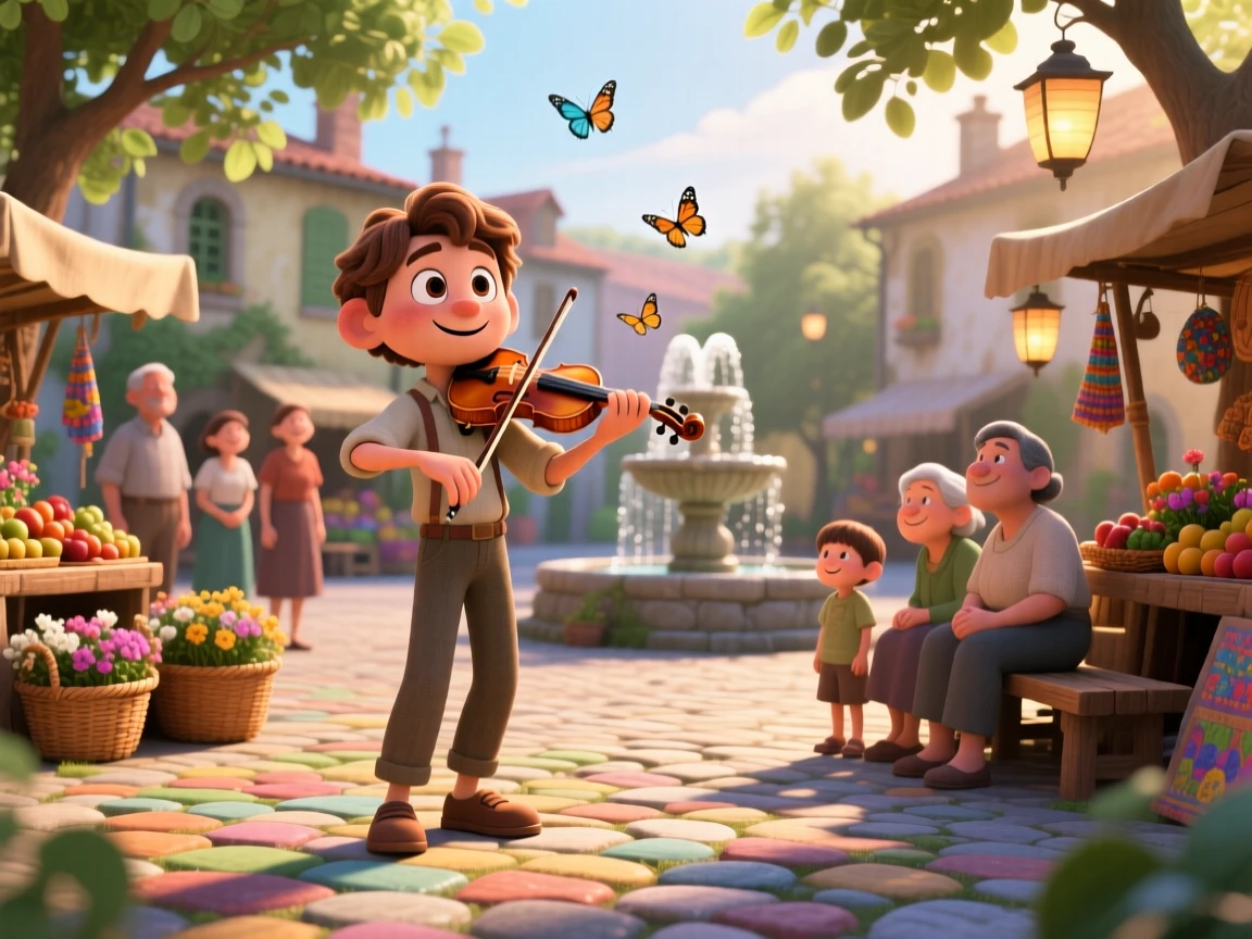 A street musician playing a violin softly is captured at a village square during a quiet afternoon, with a light breeze stirring nearby leaves. The atmosphere feels cozy, human, and full of small joys.