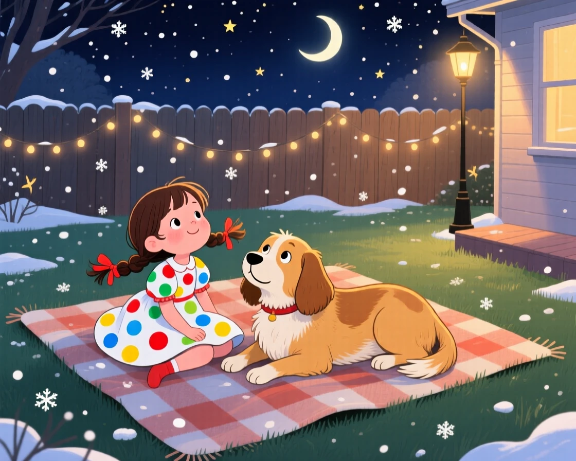 A girl in a polka-dot dress and a beloved family dog are stargazing from a backyard blanket, while soft snow falls outside.