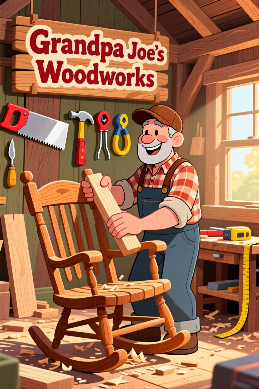 A woodworker assembling a handmade rocking chair in a barn workshop.