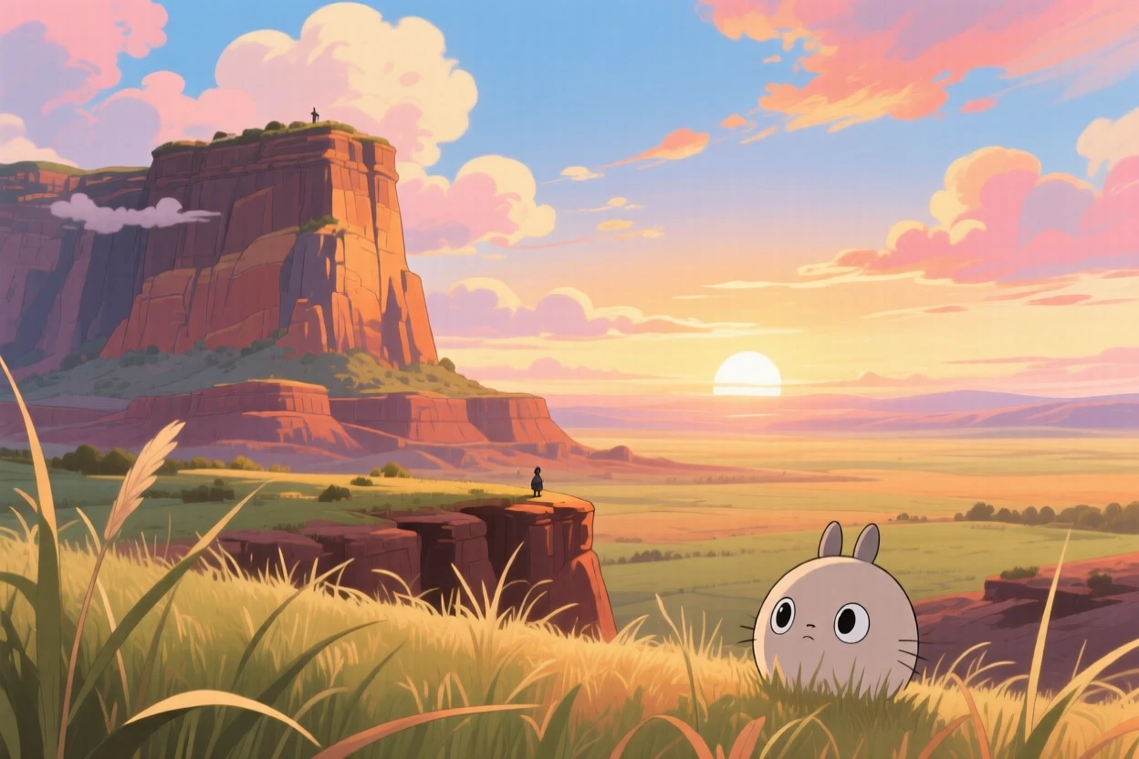 A breathtaking view of a dramatic mesa rising from flat plains, with soft clouds casting slow-moving shadows across the land, at sunrise, seen through a gentle foreground of grass.