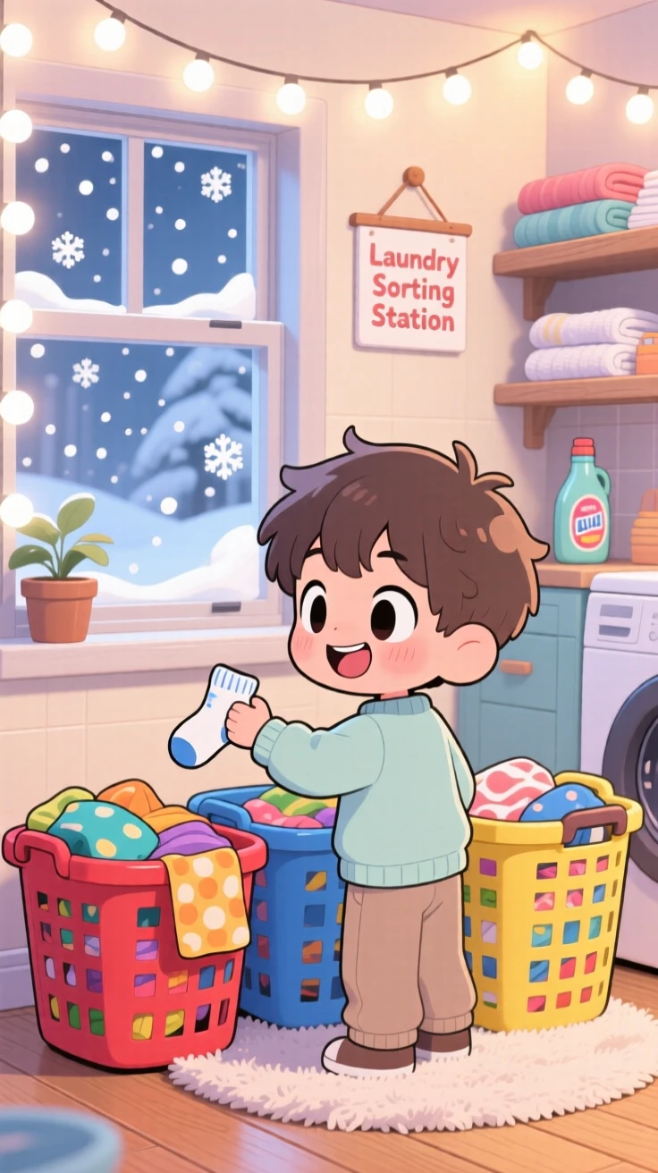 In a cozy laundry room, a small boy is sorting laundry into colorful baskets amid softly falling snow, bathed in warm fairy-light glow, expression full of triumphant pride. Shot as an over-the-shoulder view.