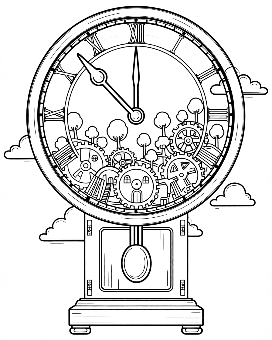 A world inside an old grandfather clock with tiny gear cities