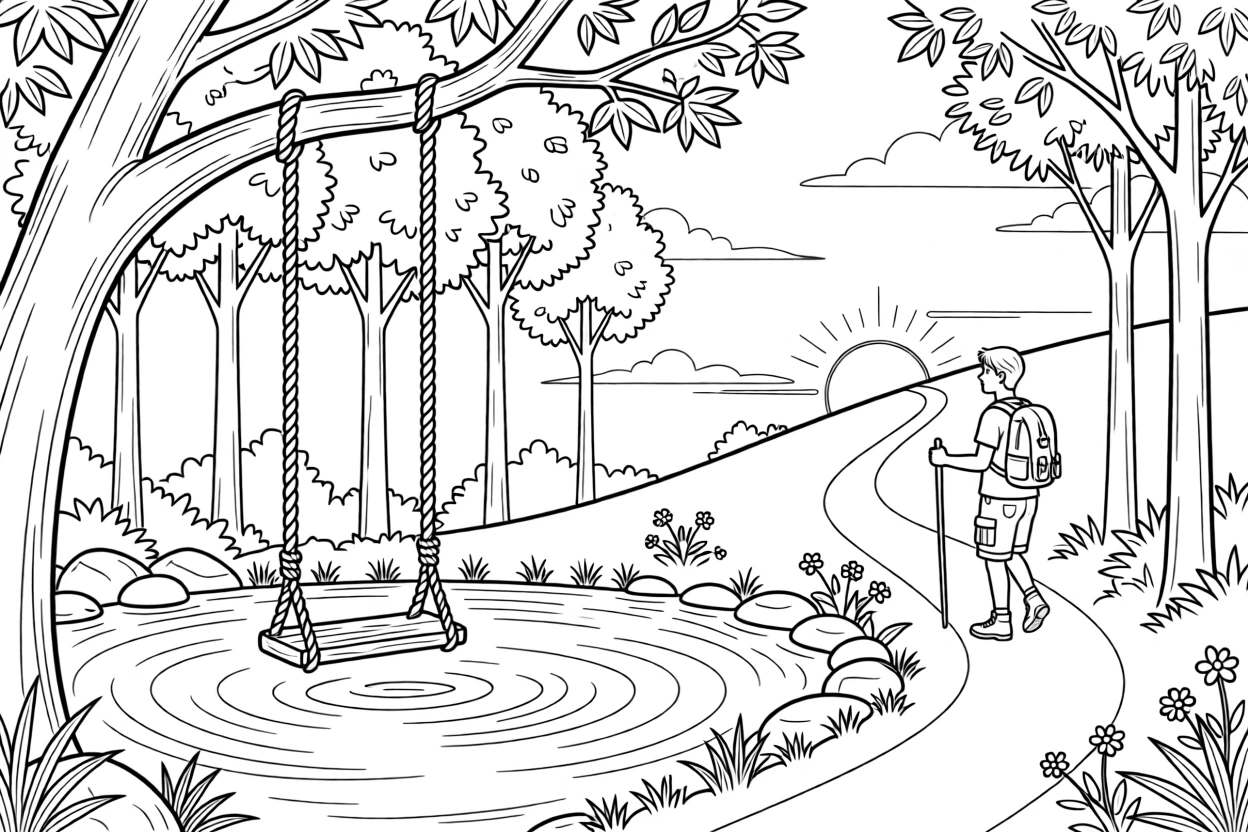 A rope swing over a swimming hole surrounded by trees, with a distant figure hiking along a ridge.