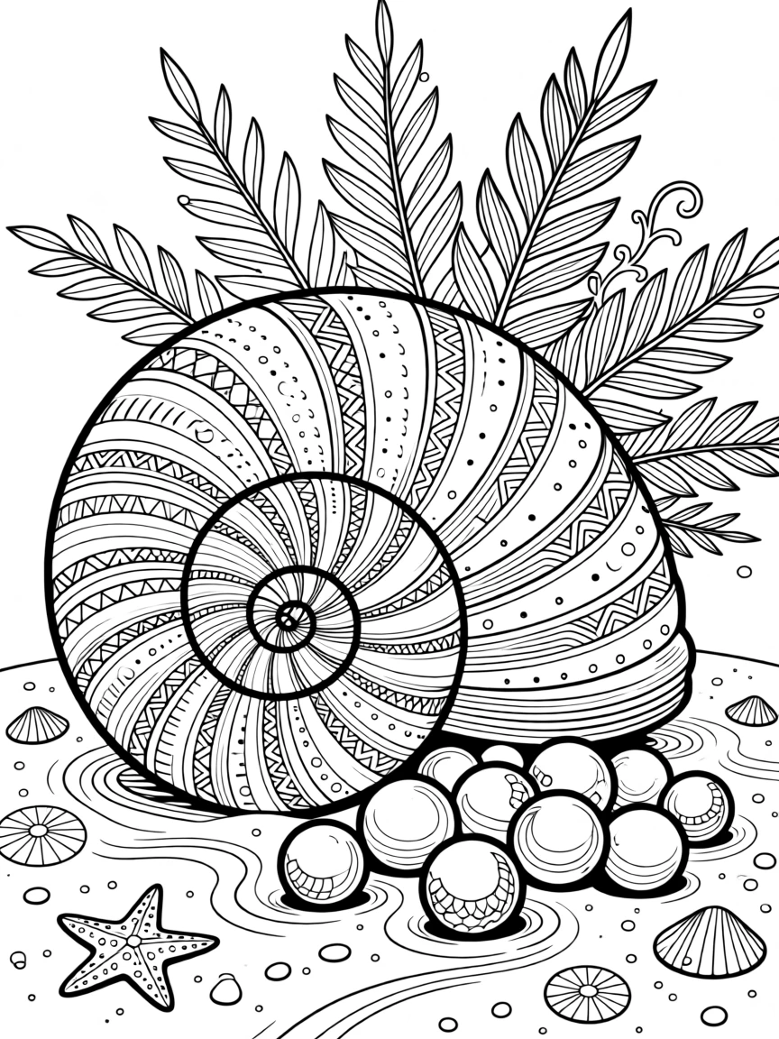 A single spiral shell resting beside a scattering of pearls.