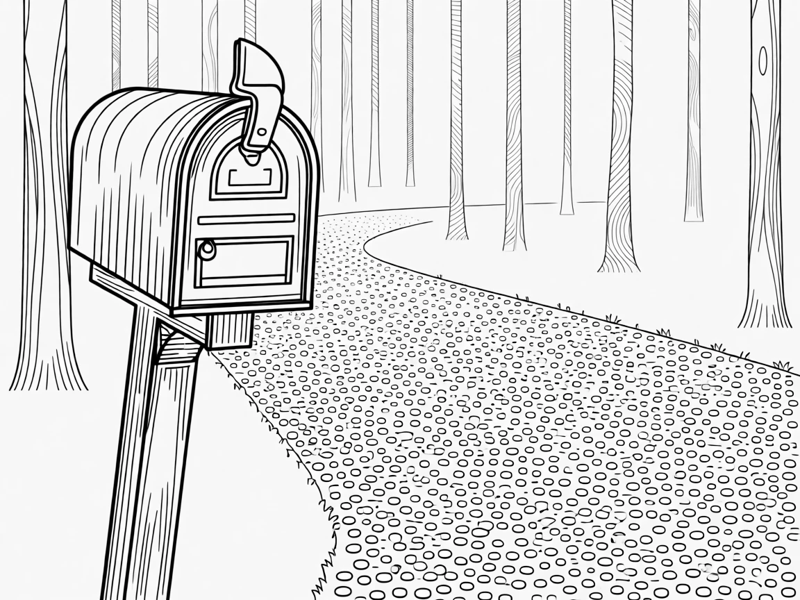 A rustic mailbox at the end of a tree-lined gravel driveway