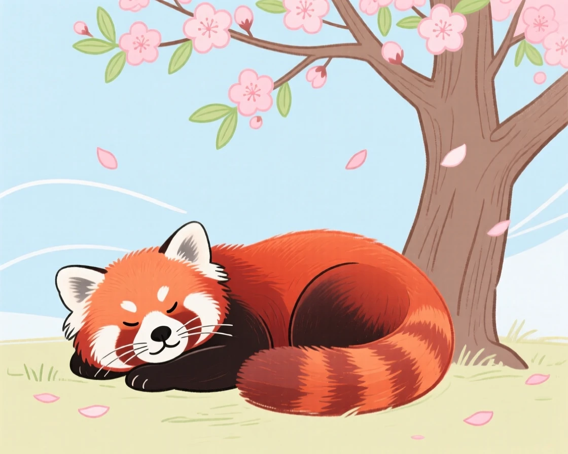 A red panda resting under a blossoming tree on a quiet summer afternoon.
