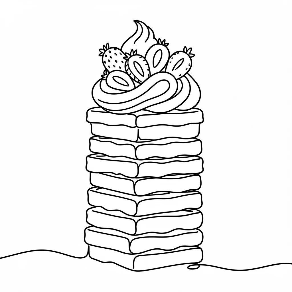 A tall stack of waffles topped with whipped cream and sliced strawberries
