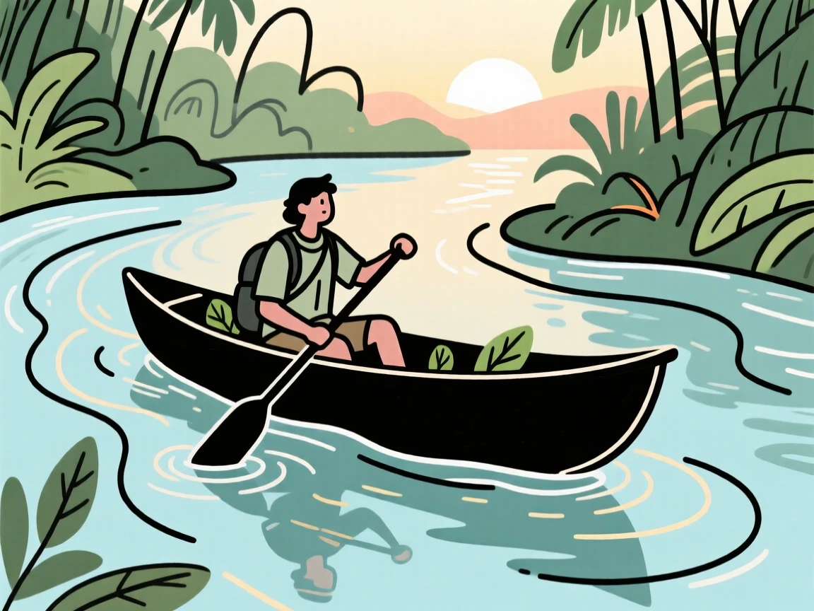 An adventurer canoeing through a remote jungle river at dawn.
