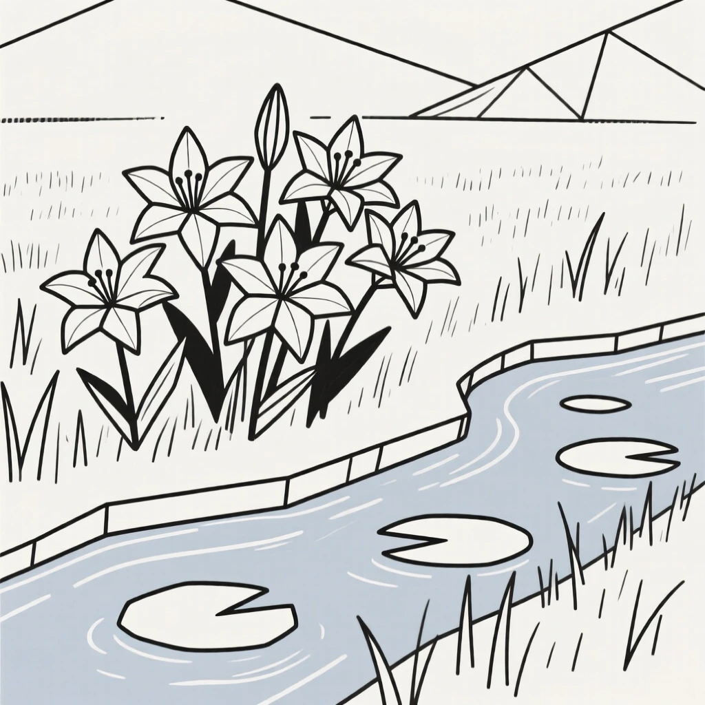 A field of lily flowers beside a stream